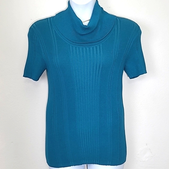 Emma James Teal Cowl Neck Short Sleeve Sweater Cable Knit Stretch Medium - Picture 1 of 5